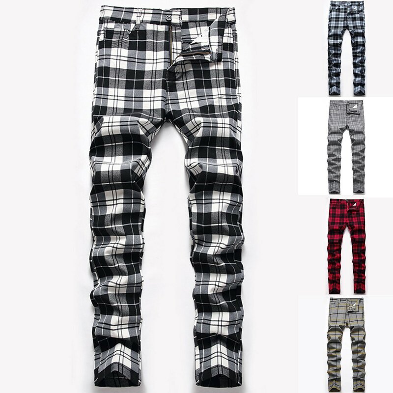 2024 Men Button Zip Trousers Button Fly Slim Fit Plaid Print Wild Skinny Soft Full Length Men Red Plaid Printed Pants for Work