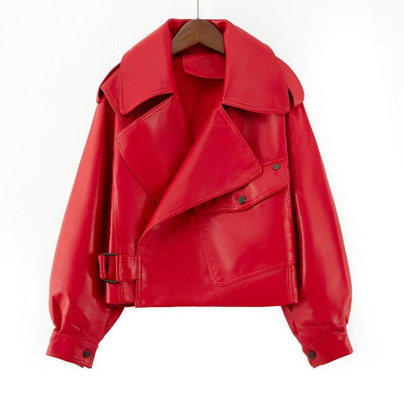 Chaqueta corta de cuero con solapa grande para mujer, chaqueta holgada de piel sintética, ropa de exterior roja para motocicleta, Otoño e Invierno