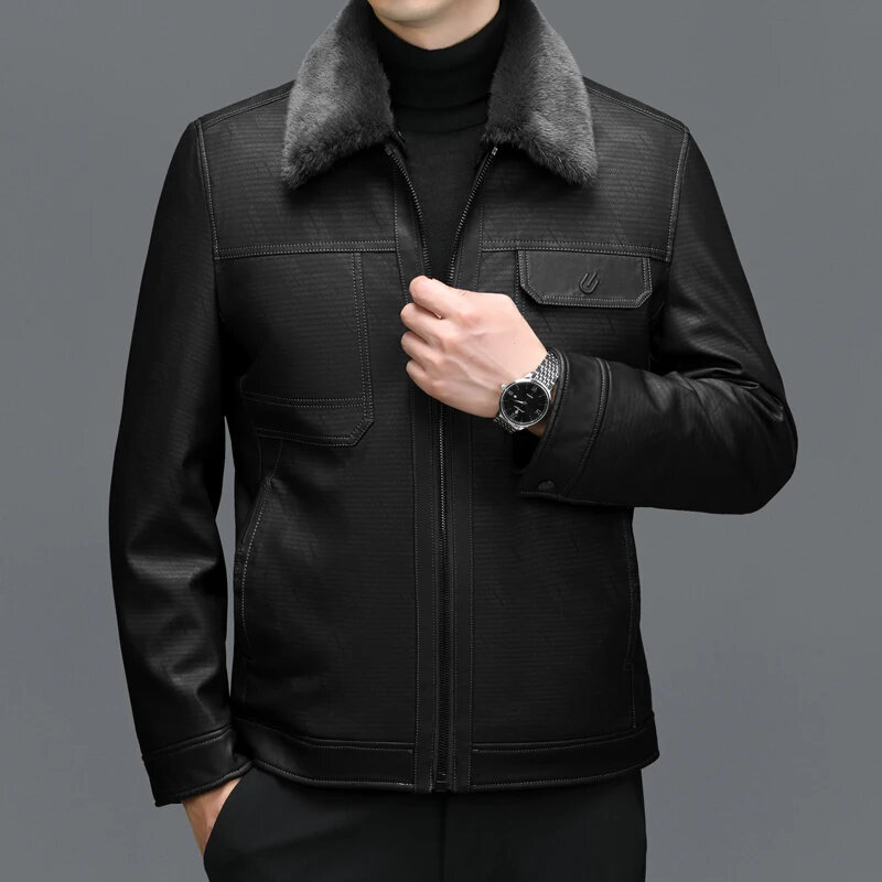 Casaco de couro genuíno masculino, jaqueta casual espessa, lapela de pele de carneiro, ZDT-8051, inverno