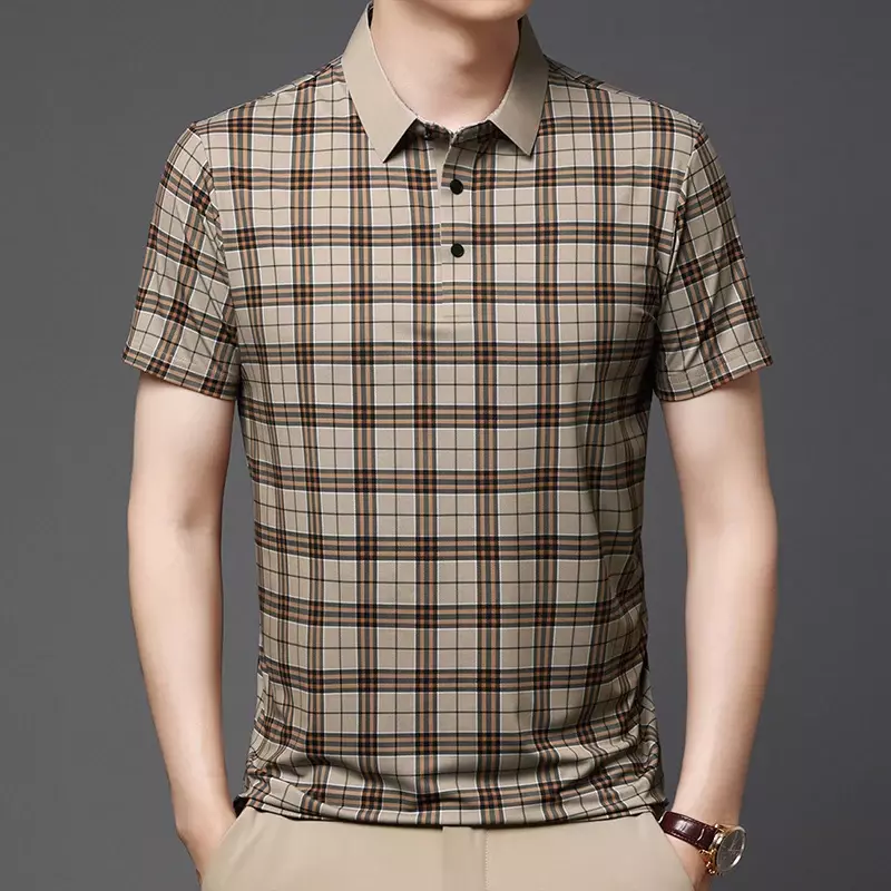 Men's Summer Thin Style Trendy Striped Checkered Polo Collar Casual Short Sleeves