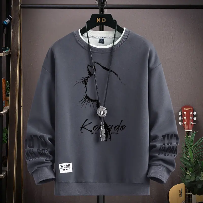 T-shirt à manches longues imprimé chat pour hommes, sweat-shirt d'automne, haut au design exclusif Harajuku, col rond noir, vêtements à la mode