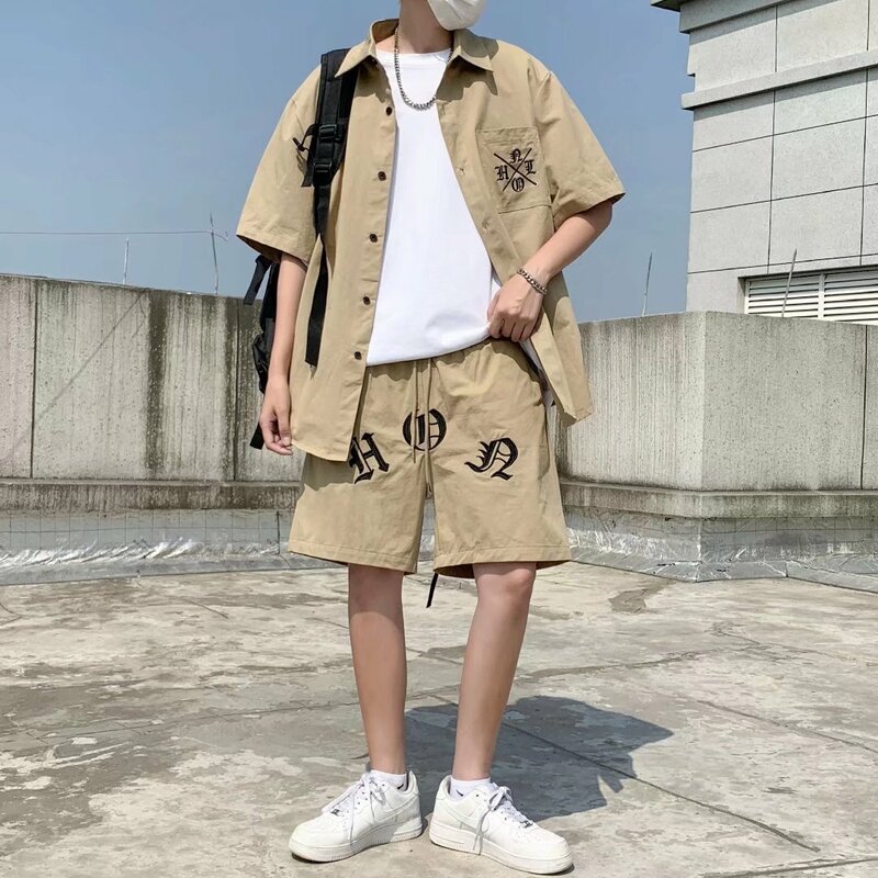 Retro 2 Stuks Sets Mannen Vrouwen Japans Brief Borduurwerk Revers Shirt Met Korte Mouwen Losse Korte Broek Casual Set Mode Sportpak Zomer