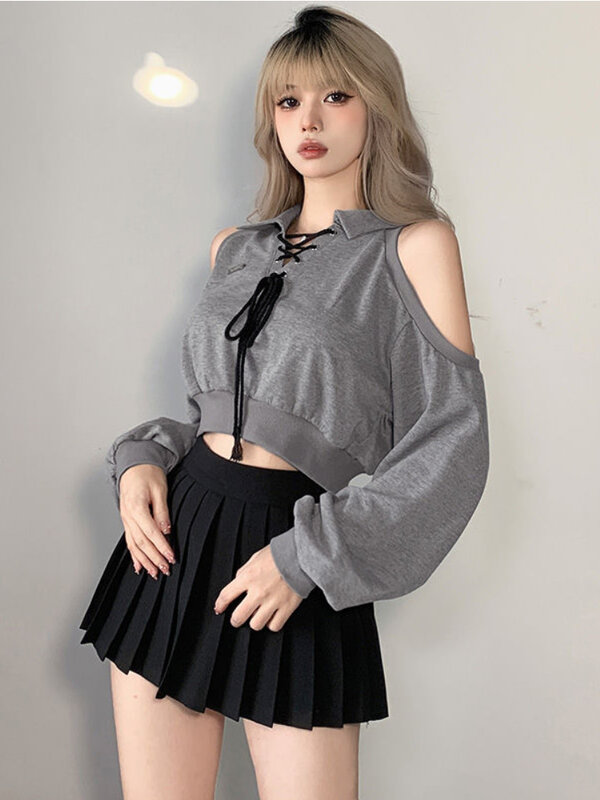 Deeptown Y 2K Vintage Grijze Cropped Hoodies Vrouwen Harajuku Sexy Off Sweatshirts Koreaanse Casual Chique Tops Gothic Kpop