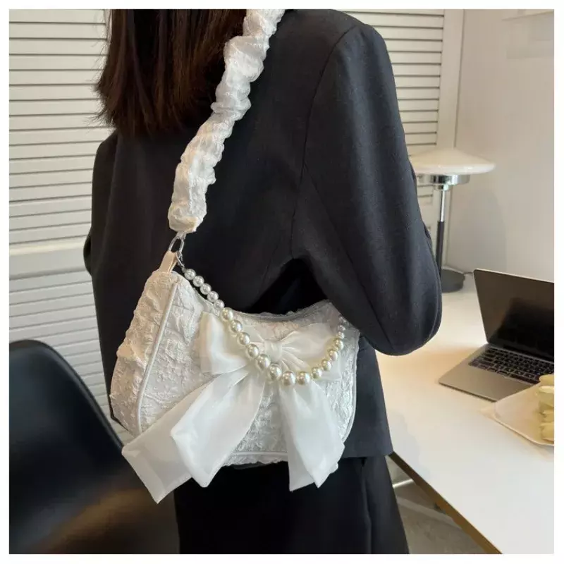 Pearl Women Bag Retro Luxury Designer Handbag Bow Crossbody Bags Fashion Canvas Women's 2024 New Trend Female Shoulder Bag Purse