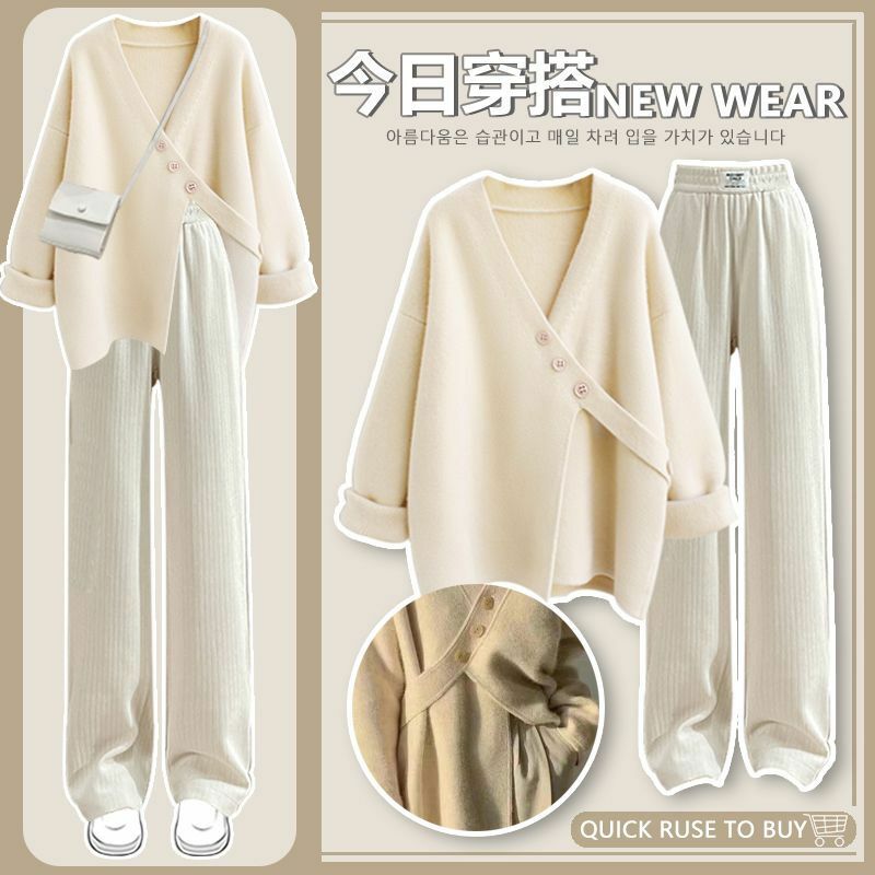 Camisola de malha solta personalizada, calça casual, camisola fina personalizada, novo, conjunto de duas peças, 023