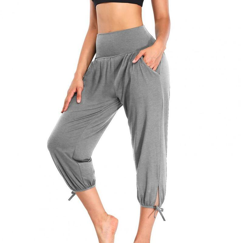 Celana panjang crop pinggang elastis wanita, celana Yoga pinggang tinggi kasual dengan saku warna polos untuk wanita