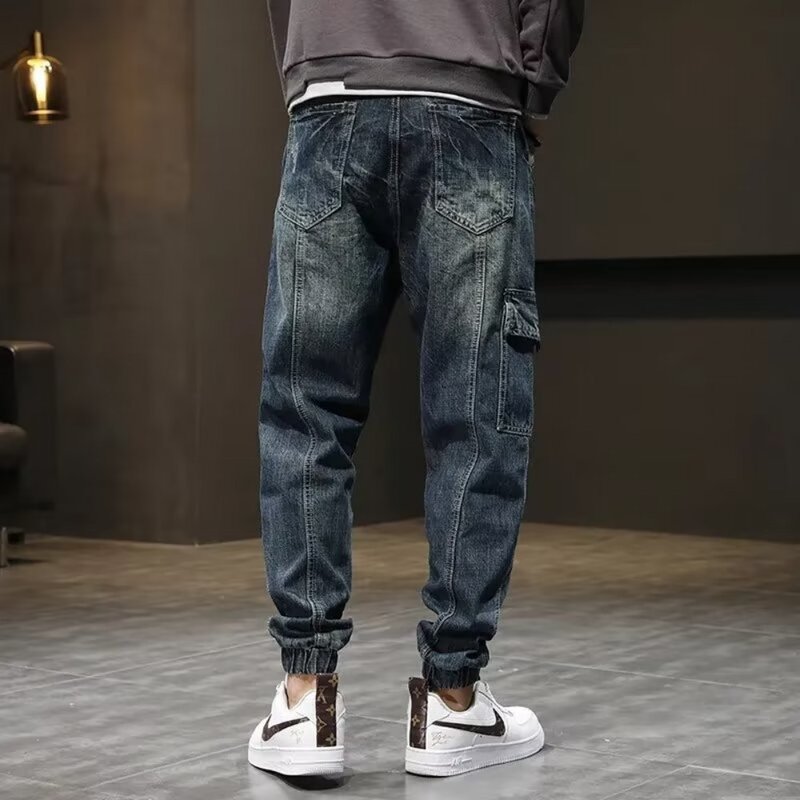 Pantalones vaqueros con cintura elástica para hombre, ropa de calle informal con puños retráctiles, multibolsillos, Hip Hop