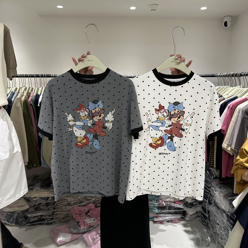 Camiseta feminina de manga curta em bolinhas, roupas kawaii, camiseta slim fit, top Y2K, pulôveres de alfabeto, verão