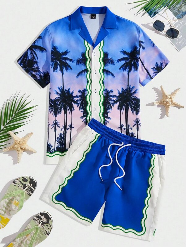 Summer Tropical Botanical Print Men's and Women's Short Sleeve Shirt Set Fashion Lapel Button Top Shorts