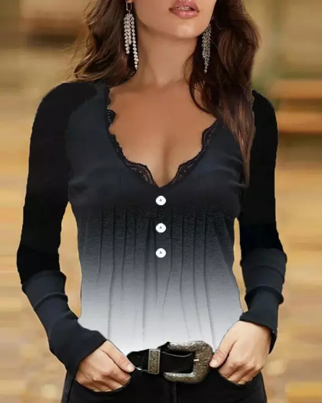 2023 estate abbigliamento donna moda profondo scollo a v Casual colore sfumato Pullover t-Shirt manica lunga elegante camicia tinta unita Top