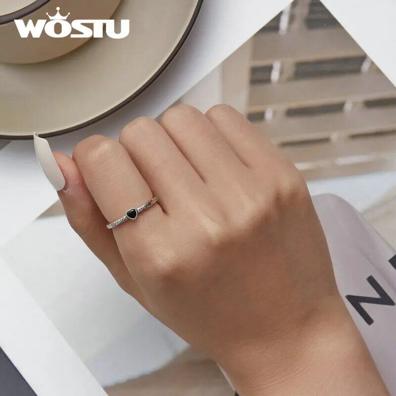 WOSTU-925 스털링 실버 클래식 하트 스타일 블랙 크리스탈 CZ 반지, 여성을 위한 레트로 플라워 패턴 반지, 그녀를 위한 특별한 선물