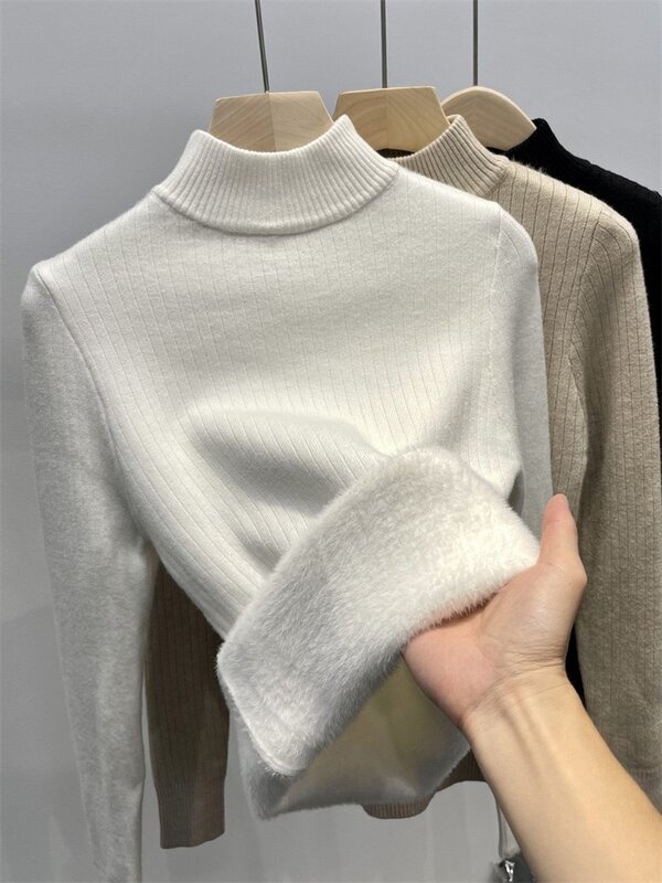 Zimowy ciepły sweter damski sweter z dekoltem i grubym plusz aksamit z podszewką koreański półgolf Poleras miękki bluzki z dzianiny