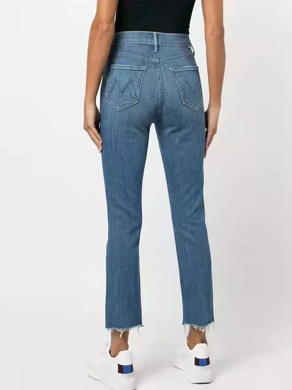 Jeans jeans de cintura alta de peito único feminino, com comprimento no tornozelo, calça casual que combina com tudo, micro-estiramento, ajuste fino