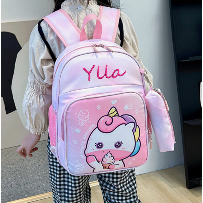 Personalized Name Kindergarten Backpack Cartoon Unicorn Nylon Cloth Backpack With Large Capacity Pencil Case Backpack