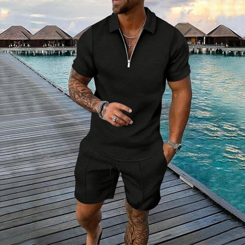 New Men's Suit Solid Jacquard craft Summer Casual Short Sleeve Polo Shirt Shorts Suit Fashion Zipper Polo Shirt Two Piece Set