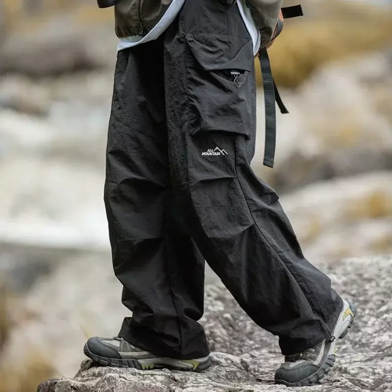 メンズ防水巾着パンツ、引きひもオーバーオール、単色、大きなポケット、屋外ハイキング、登山、ルーズ、春