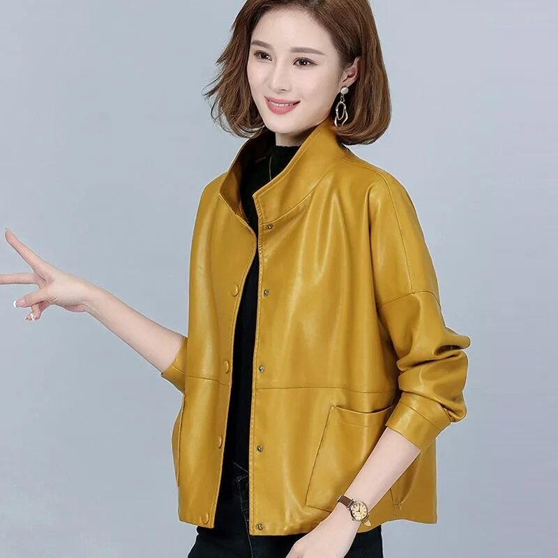 Jaket kulit PU wanita 2024, mantel kulit PU wanita kasual warna hitam kuning, longgar ukuran besar 4XL, musim semi, musim gugur, baru