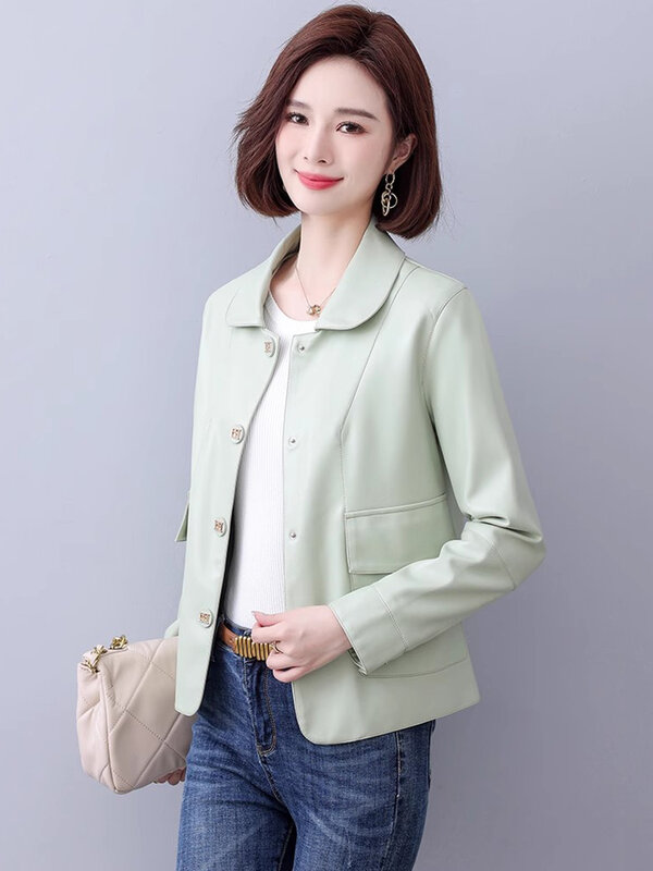 New Women Sweet Leather Jacket Spring Autumn Fashion Turn-down Collar Single Breasted Short Coat Split Leather Casual Jacket