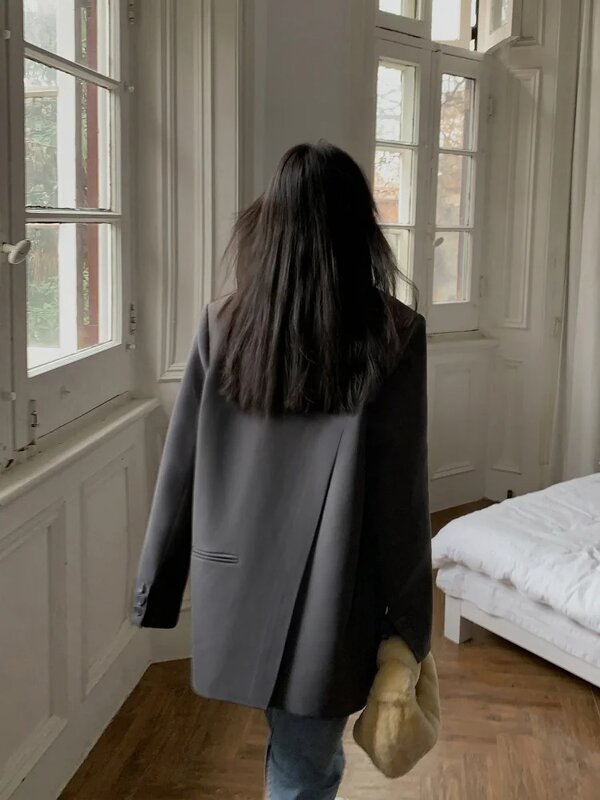 Czarna kurtka dresik z długim rękawem dla kobiet koreańska z tylnym rozcięciem biurowa kurtka kurtka jesienno-zimowa luźny płaszcz