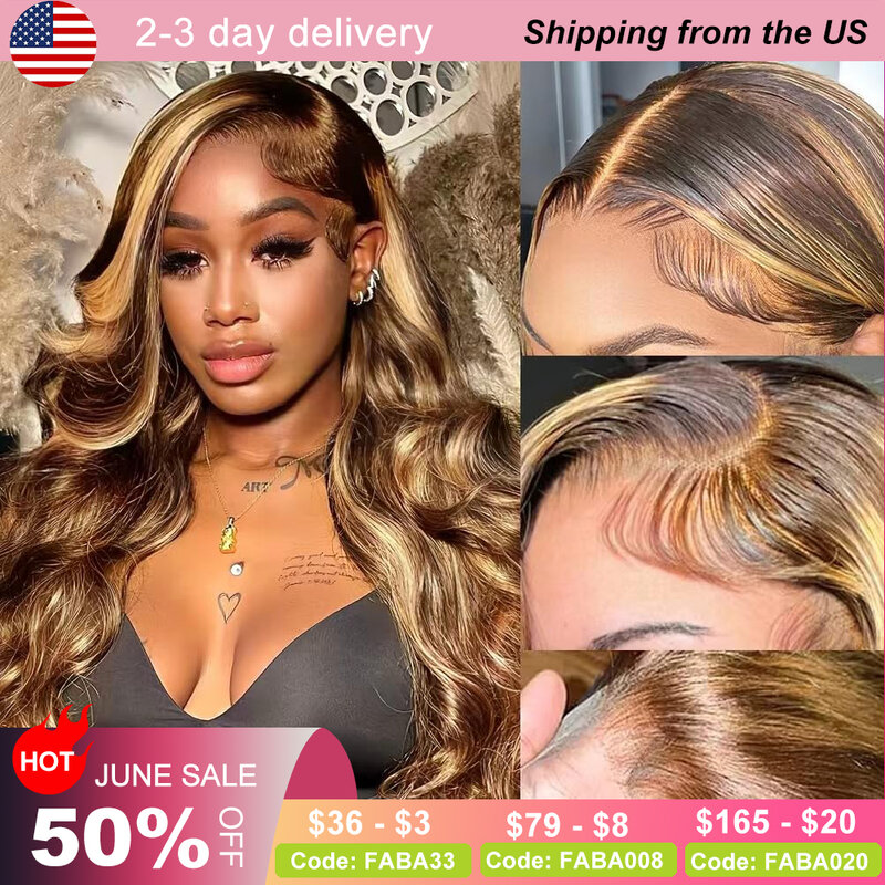 Highlight Ombre Body Wave Wig Human Hair Lace Front Wig 4/27 Highlight Body Wave HD Transparent  Lace Front Wigs