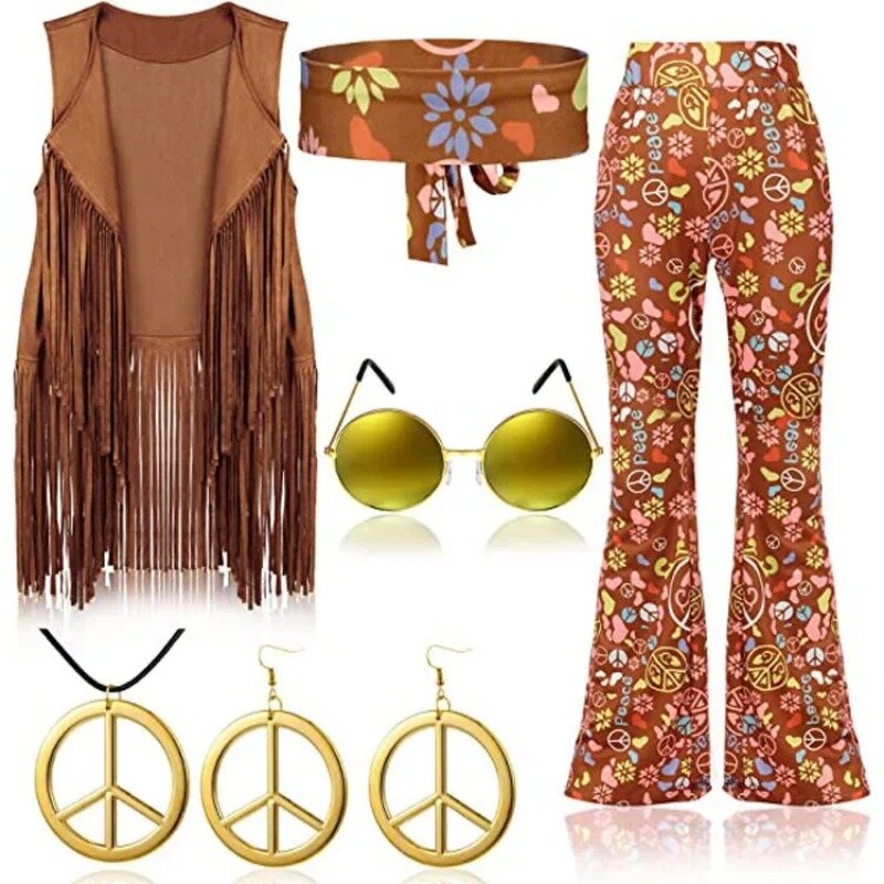 Hippie Disco 60s 70s Cosplay Costume Women Peace Love Girls Hip Indian Tassels Hippie Vest Cardigan Halloween Carnival Party