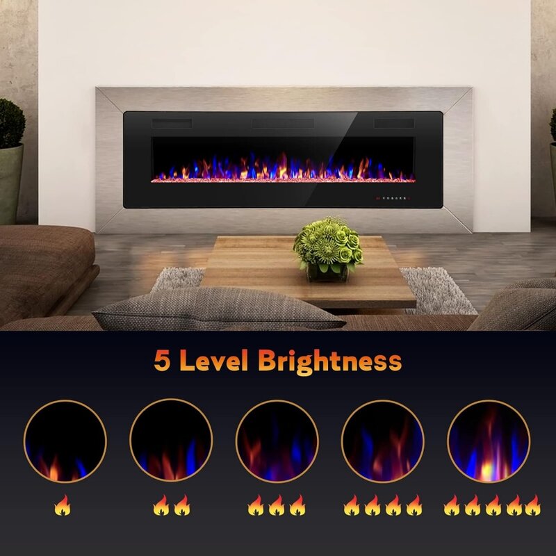 60" Recessed and Wall Mounted Electric Fireplace, Low Noise, Remote Control with Timer,Touch Screen,Adjustable Flame Color
