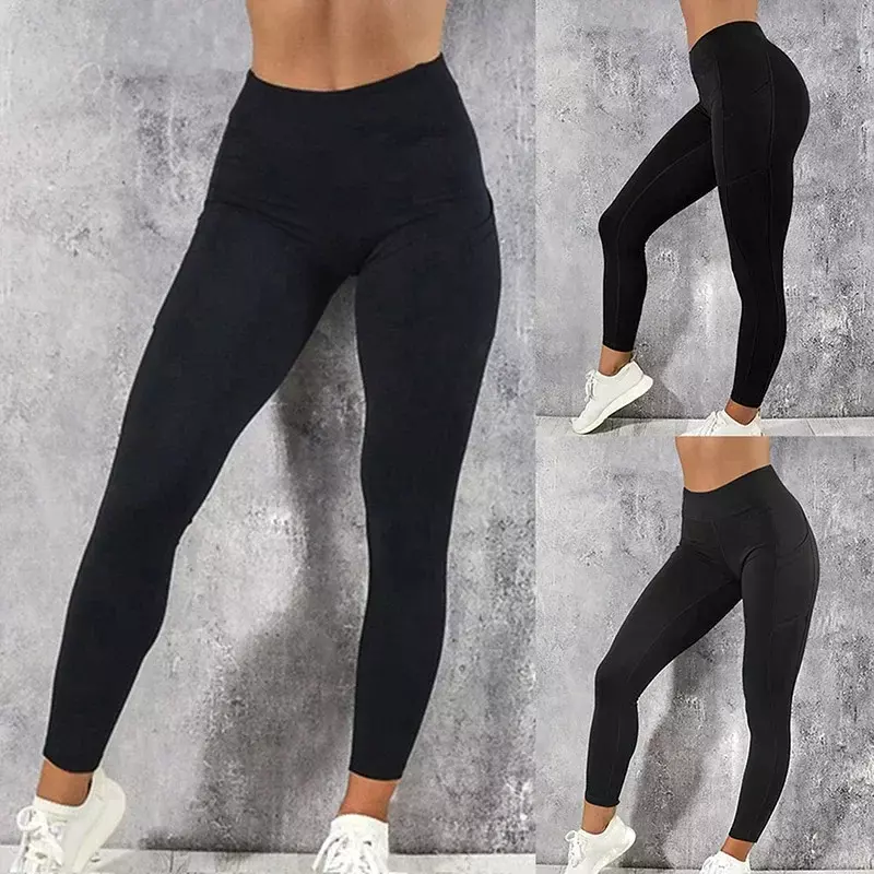 Calças de ioga elásticas para mulheres, leggings fitness, calças corrida, roupas esportivas, plus size, calças esportivas, bolsos, ginásio