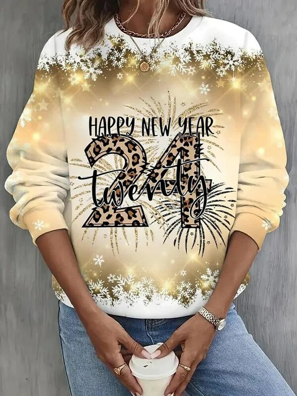 Happy New tahun 2024 PrintSweater wanita pakaian Natal kebesaran atasan lengan panjang kasual O Neck Pullover lucu gadis Sweatshirt