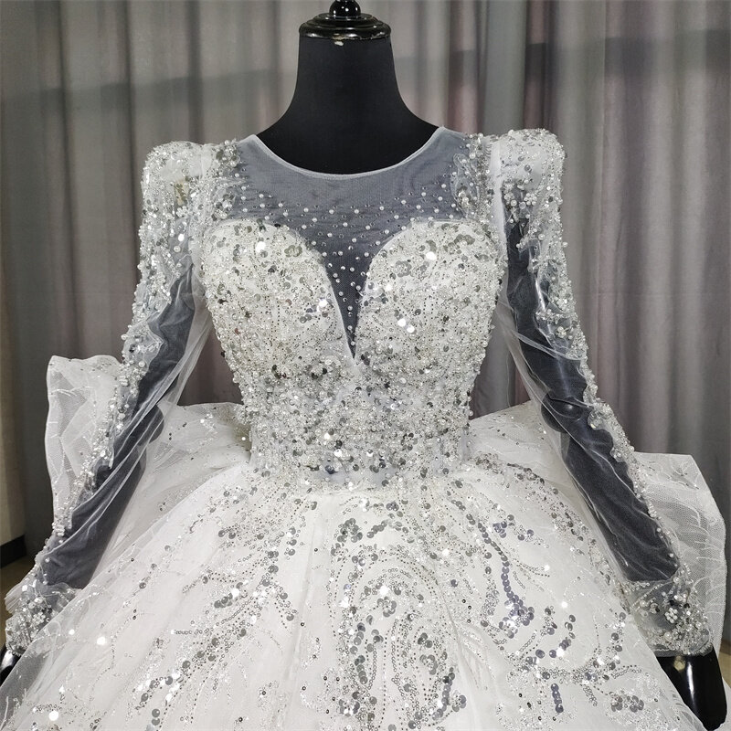 Foto asli lengan penuh leher V dalam vestidos de novias 2024 abiti da cerimonia donna elegante mewah kereta panjang GB057T