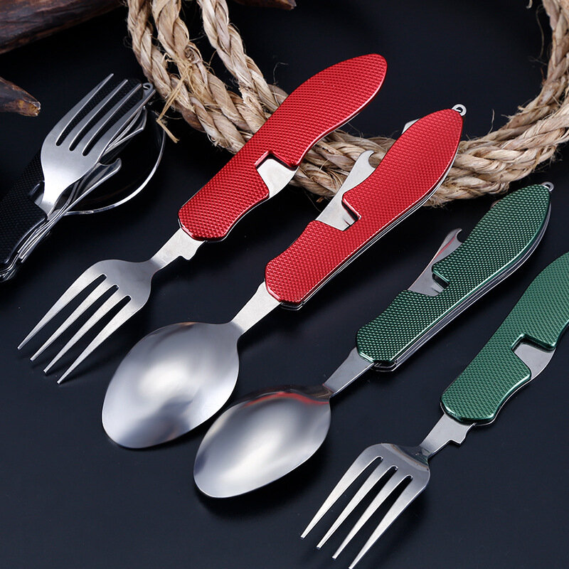 Cuillère en acier inoxydable avec poche pliante, 4 en 1, ensemble d'accessoires de cuisine en plein air, kits de camping, pique-nique, randonnée, outils de voyage