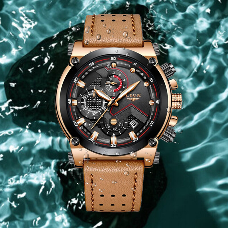 LIGE-reloj analógico con correa de cuero para hombre, accesorio de pulsera de cuarzo resistente al agua con calendario, complemento Masculino de marca de lujo con diseño Original
