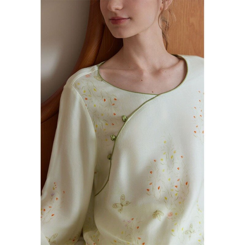 Pijama de cetim borboleta feminina, calça de mangas compridas, elegante conjunto de pijama estampado, estilo retrô chinês, primavera, 2024