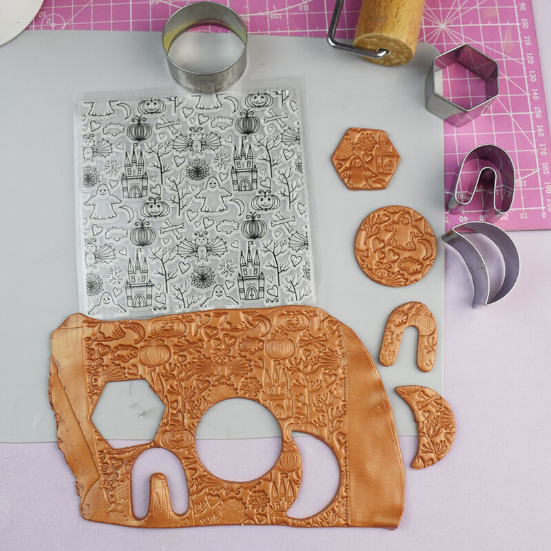 Hoja de sello de textura de patrón de Halloween de joyería de arcilla DIY, estera de relieve, pendiente de arcilla polimérica, collar, prensa de impresión, herramientas de sello
