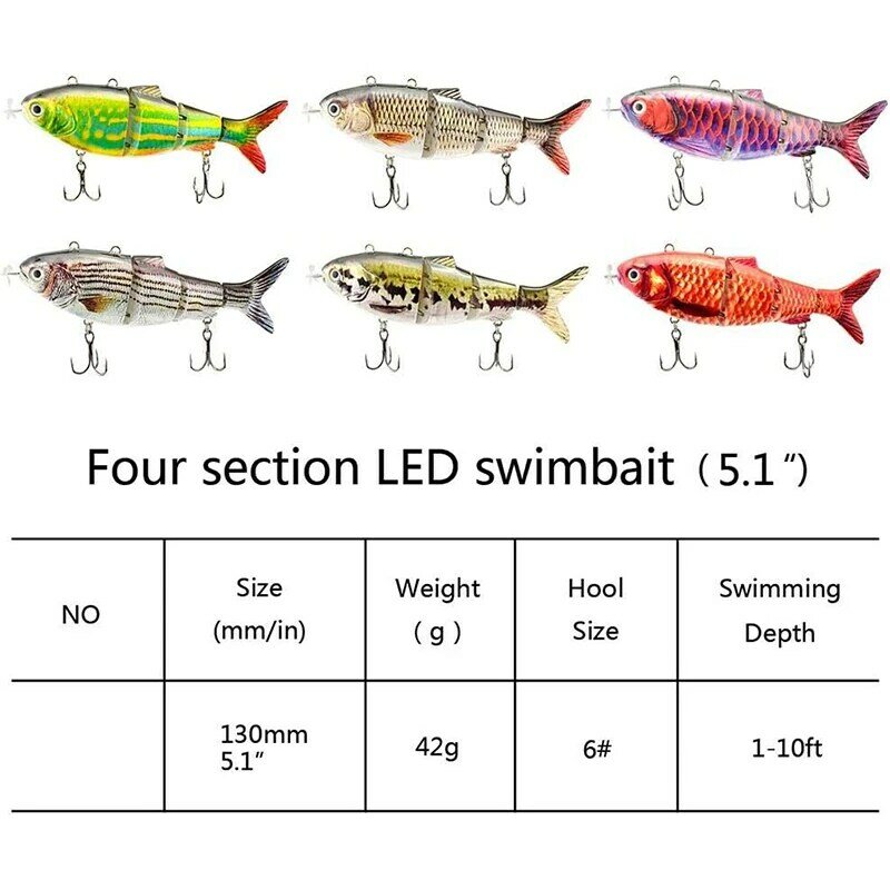 Iscas de pesca de natação robótica, USB elétrico recarregável, Luz LED, Multi Articulado Wobbler, Swimbait, Hard Lures, Pesca Tackle