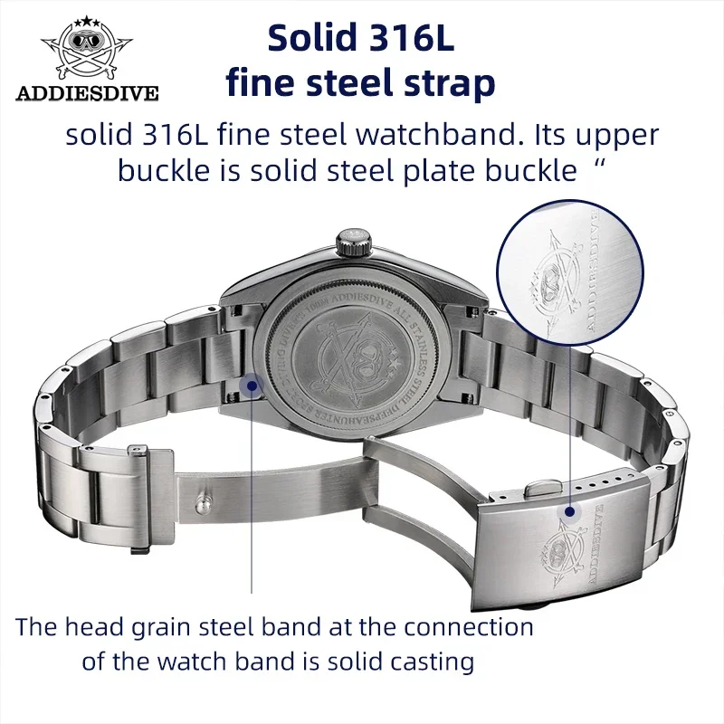Męski luksusowy zegarek ze stali nierdzewnej ADDIESDIVE szafirowe szkło świecące zegarki kwarcowe 100m do nurkowania Reloj Hombre AD2023