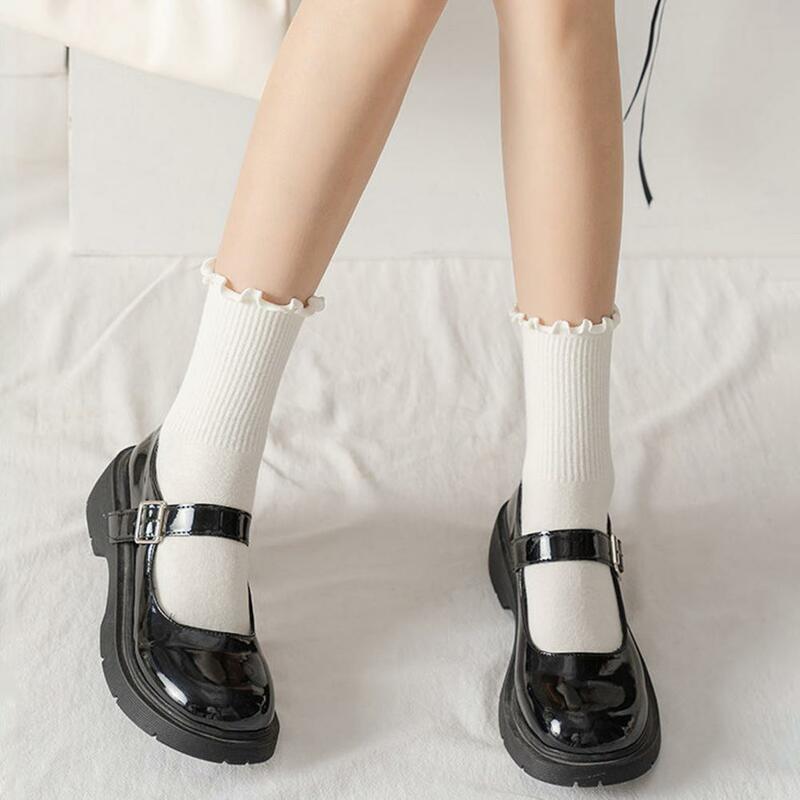 Calcetines de tubo medio con volantes para mujer, medias tobilleras con borde alto a rayas, antideslizantes, suaves, 1 par