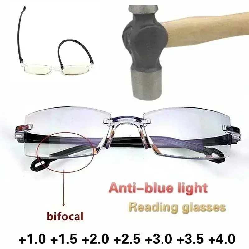 2024 Nieuwe Mannen Vrouwen Randloze Leesbril Anti Blauw Licht Bifocaal Ver In De Buurt Van Vergroting Brillen Presbyopische Bril 150 + 200
