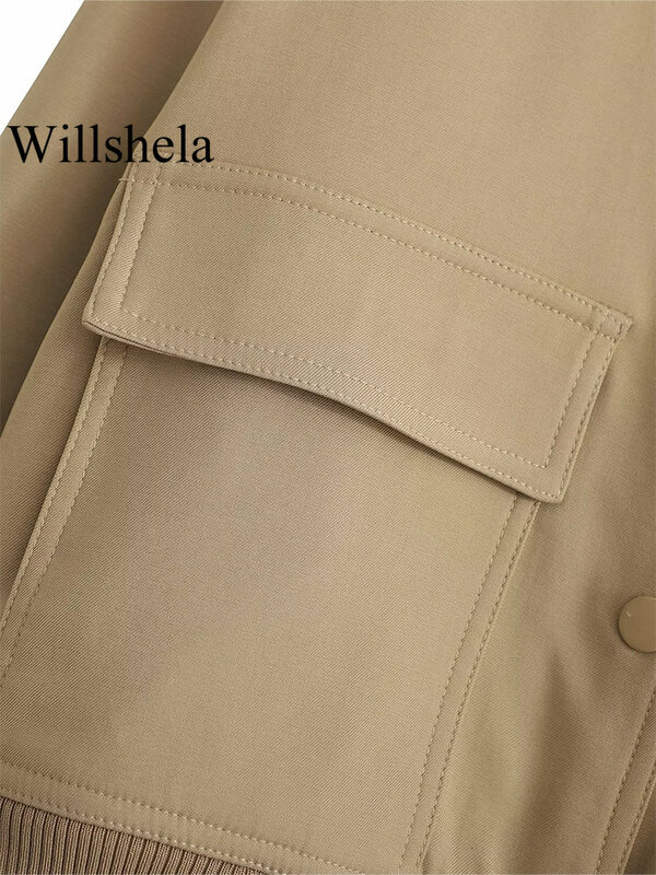 Willshela 여성용 단색 봄버 재킷 코트, 주머니가 있는 V넥 싱글 브레스티드 긴 소매, 여성 시크 레이디 의상, 패션