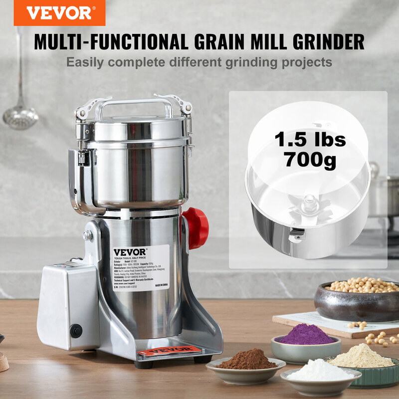 VEVOR Electric Grain Mill Grinder Stainless Steel Pulverizer Powder Machine for Dry Herbs Grains Spices Cereals Coffee Corn