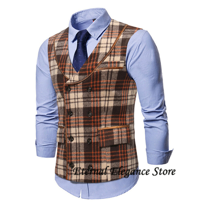 Chaleco de traje Vintage para hombre, ropa de Tweed a cuadros con cuello en V, chalecos de doble botonadura para hombre