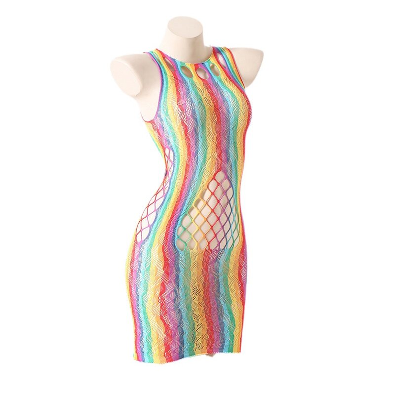 Sexy Hollow Out Transparent Tight Underwear Sleepdress Rainbow Cosplay Costume Girls Women Uniform Temptation JK Dress