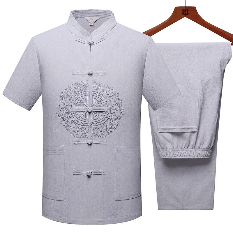 Bordado retro tang terno estilo chinês dos homens kung fu tai chi conjunto roupas étnicas casual manga curta algodão linho loungewear