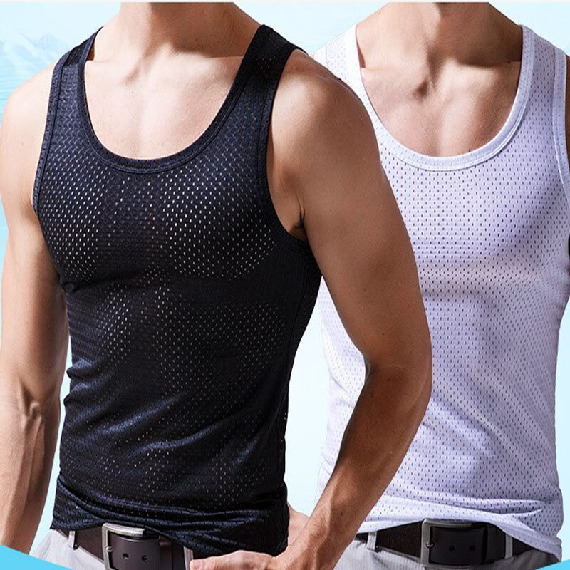 New Mens Mesh Vest Ice Silk Quick-drying Bodybuilding Tank tops Fitness Muscle Sleeveless Narrow Vest Fitness Casual Sport Tops