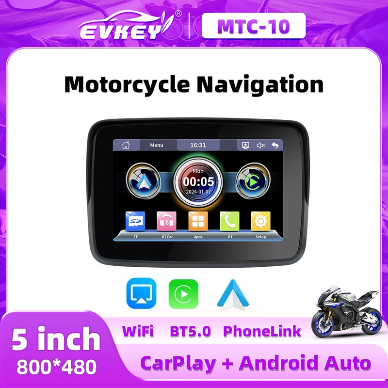 EVKEY-navegador GPS portátil para motocicleta, pantalla de visualización CarPlay de Apple, inalámbrico, Android, Monitor automático, resistente al agua IP67