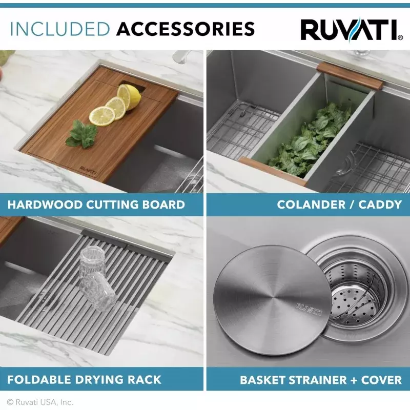 Ruvti-حوض مطبخ من الفولاذ المقاوم للصدأ ، حافة محطة العمل السفلية ، وعاء واحد ، مقياس 16 ، 32 بوصة ، RVH8300