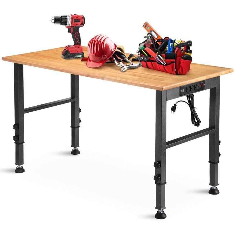 48 "Adjustable Workbench with Power Outlet, Heavy Duty 2000 LBS Load Capacity Hardwood Workbench Suitable for Workshop,