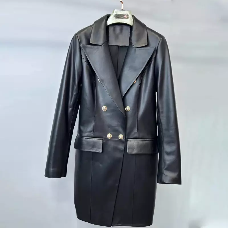 여성용 진짜 가죽 재킷, 벨트 트렌치 코트, 원피스 조끼, 가을, 2024