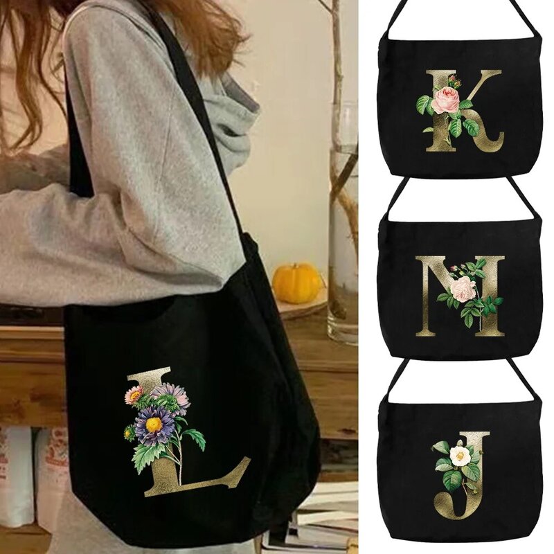 Environmentally Friendly Canvas Multifunctional Shoulder Bag Reusable Canvas Bags Fashionable Minimalist Golden Flower Series