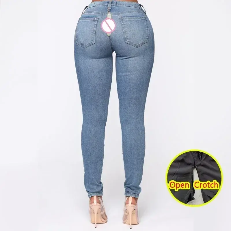 Woman Sexy Open Crotch Jeans Fashion Skin Crotchless Pants Hide Zipper Couple Outdoor Sex Costume Dance Erotic Adult Outfit New