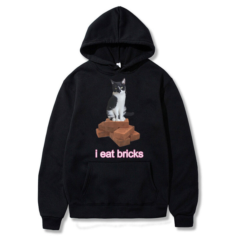 재밌는 I Eat Bricks 남녀공용 귀여운 고양이 그래픽 프린트 후디, 귀여운 카와이 오버사이즈 맨투맨, 남성 캐주얼 양털 면 후드